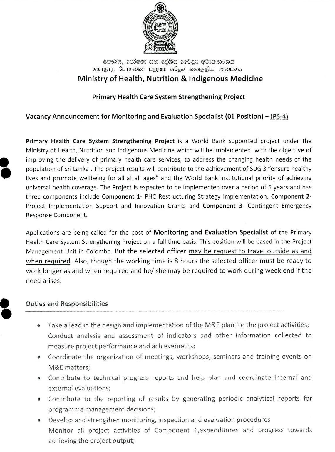 Monitoring & Evaluation Officer - Ministry of Health, Nutrition & Indigenous Medicine